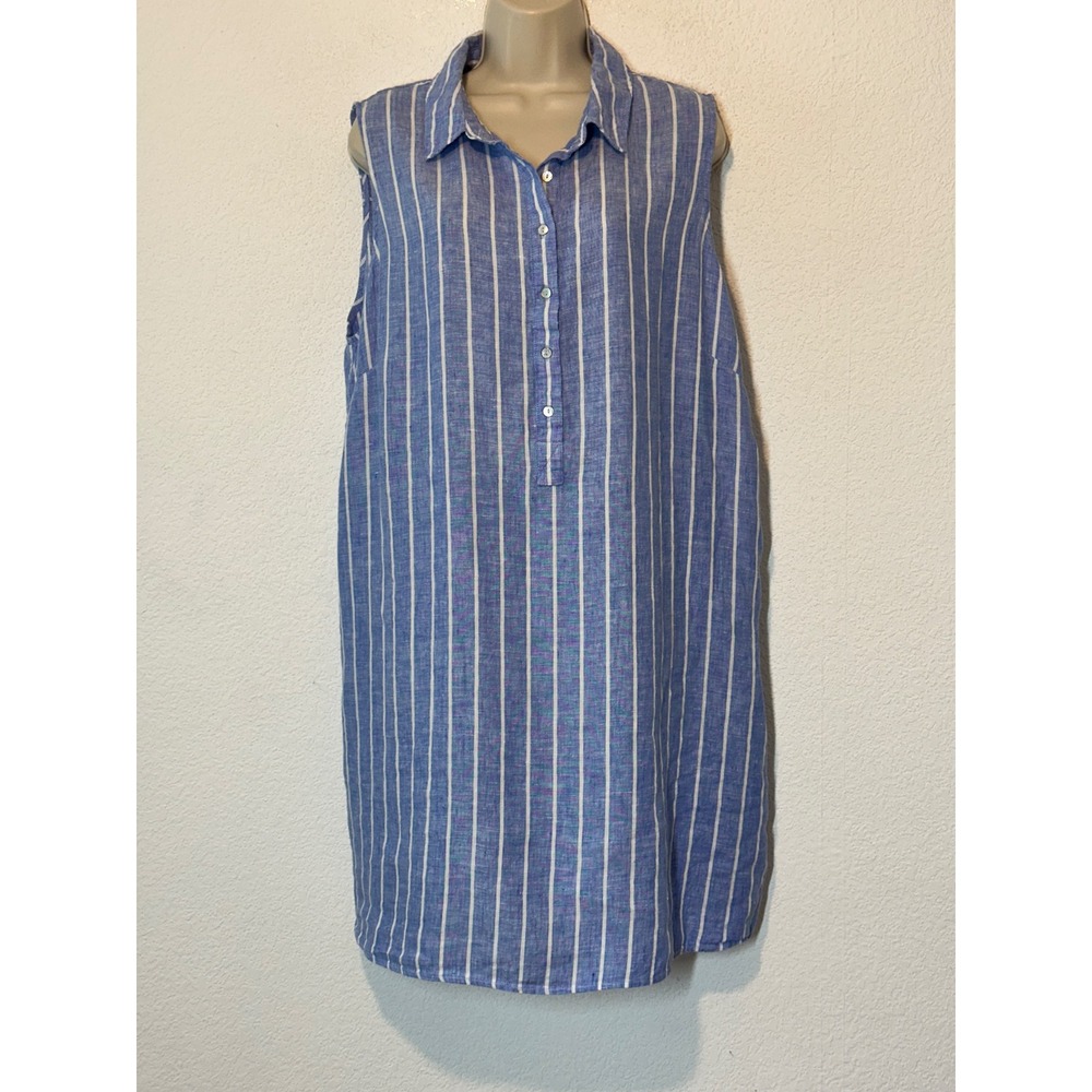 C&C California Womens 2X Blue White Striped 100% Linen Sleeveless Tunic‎ Shirt